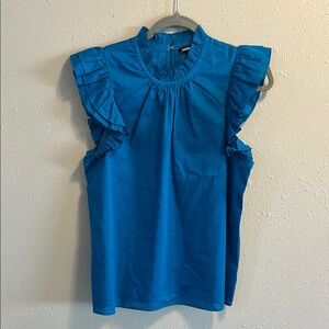 Express Women's Blue Ruffle‎ Sleeveless Top Cotton High Neck